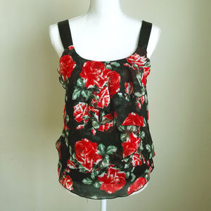 A.	Byer Rose Print  Sleeveless Ruffled  Top